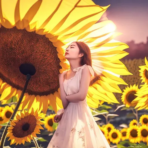 Prompt:  Sunflower lady, elegant, sunflower parasol, afternoon, non realistic