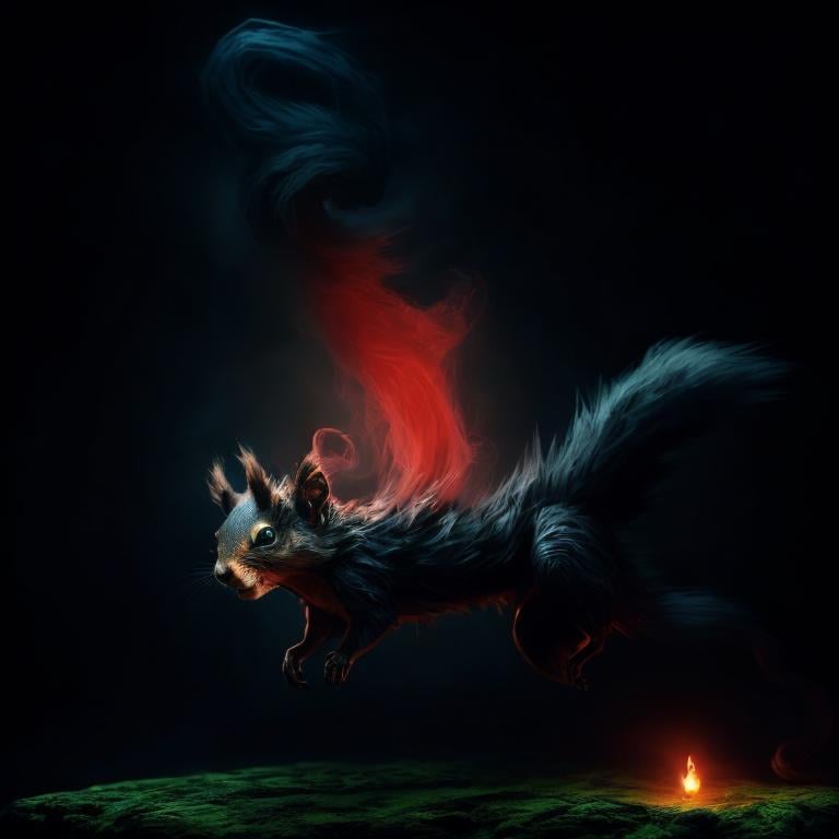 Prompt: dark nightmare beast, smoke body, strange, squirrel red and ears, white mane in his neck, levitating in the air, scary green eyes, 4K resolution, artstation, highly detailed, artgerm, by wlop, volumetric lighting, octane render, trending on artstation, masterpiece, fantastic, powerful, scary, intimidating, cinematic, dark fantasy, artstation, highly detailed, artgerm, by wlop, volumetric lighting, octane render, trending on artstation, masterpiece, fantastic, powerful, scary, intimidating, terrifying