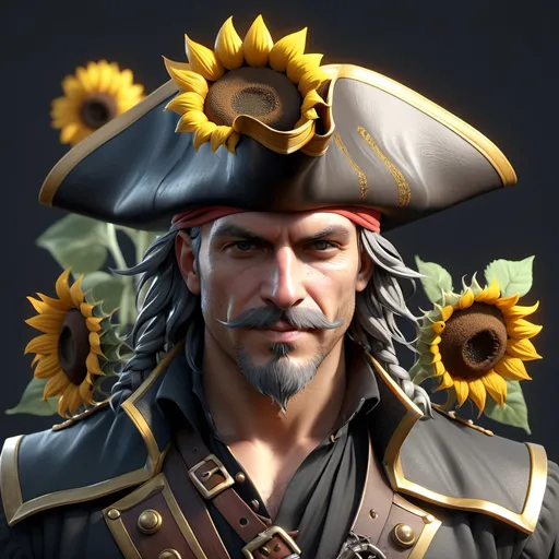 Prompt: sunflower man pirate hat, pirate clothes, sunflower war ship, concept sheet, 4K resolution, artstation, highly detailed, artgerm, by wlop, volumetric lighting, octane render, trending on artstation, masterpiece, fantastic, warship, sunflower