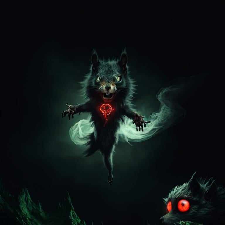 Prompt: dark nightmare beast, smoke body, strange, squirrel red and black ears, white mane in his neck, levitating in the air, scary green eyes, 4K resolution, artstation, highly detailed, artgerm, by wlop, volumetric lighting, octane render, trending on artstation, masterpiece, fantastic, powerful, scary, intimidating, cinematic, dark fantasy, artstation, highly detailed, artgerm, by wlop, volumetric lighting, octane render, trending on artstation, masterpiece, fantastic, powerful, scary, intimidating, terrifying