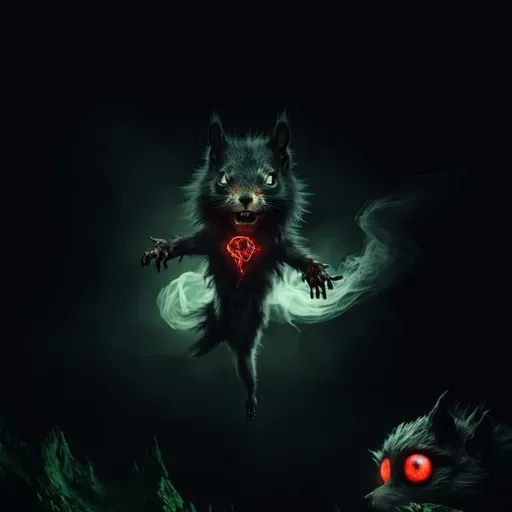 Prompt: dark nightmare beast, smoke body, strange, squirrel red and black ears, white mane in his neck, levitating in the air, scary green eyes, 4K resolution, artstation, highly detailed, artgerm, by wlop, volumetric lighting, octane render, trending on artstation, masterpiece, fantastic, powerful, scary, intimidating, cinematic, dark fantasy, artstation, highly detailed, artgerm, by wlop, volumetric lighting, octane render, trending on artstation, masterpiece, fantastic, powerful, scary, intimidating, terrifying