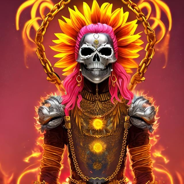 Prompt: Sunflower jailer, golden clothes, red highlights, black lights, pink robe, golden and silver chains, sunflowers with pink fire aura, concept, silver and golden details, skull belt, detailed, pink hair