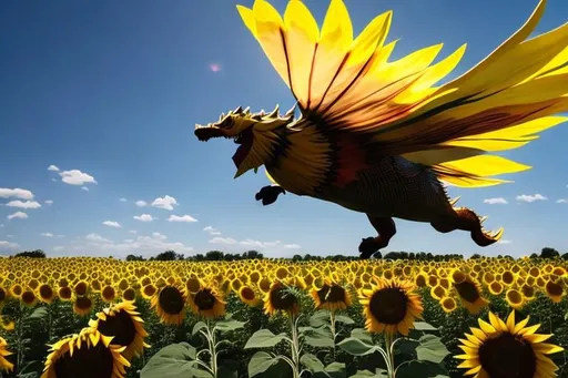 Prompt: Sunflower dragon flying over the sunflower forest