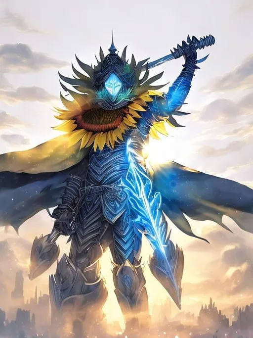 Prompt: Sunflower magic man warrior, blue highlights, electric, blue neon thunder sunflower, silver and blue light, techno, detailed, silver blue armor, magic mist, the warrior is in a silver bridge in a blue city highlights with sunflowers in the river, blue air essence, blue sunflower bazooka, war