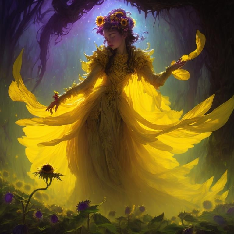 Prompt: Sunflower aristocrat lady with yellow dress as a d & d character, yellow robe, magical, pink, green dark forest higlights, magic concept aesthetic, purple and yellow mistery aura, concept sheet, painting by gaston bussiere, dramatic lighting, yellow lighting, little sunflower in her hand, interesting, yellow aura, legends, elegant, sunflower face, flamethrower in her back throwinf fire up, atmosphere like a forest fire