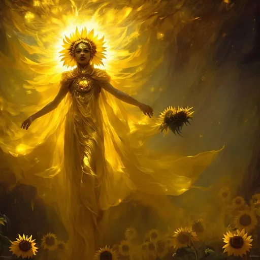 Prompt: Sunflower lady with a yellow robes as a d & d character, yellow robe, magical, golden higlights, magic concept aesthetic, golden mistery aura, concept sheet, painting by gaston bussiere, dramatic lighting, yellow lighting, little sunflowers, interesting, sunflower face, yellow aura, legends, elegant, sunflower face, arcane