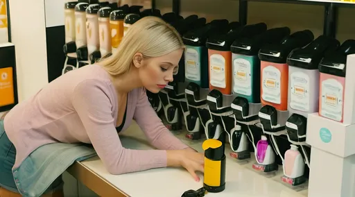 Prompt: woman in the food dispensers store. Instead of food is shampoo and beauty products