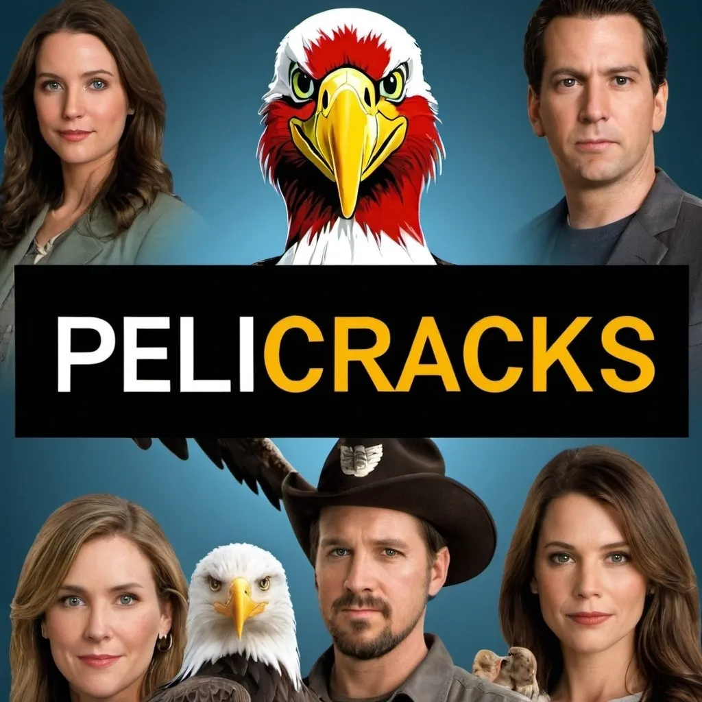 Prompt: make a promotional image of a page called "Pelicracks". The image contains movie characters and TV shows characters. The name "Pelicracks" is in the middle of the image, surrounded by the other movie stuff. "Pelicracks" is correctly spelled. There is a bald eagle with a hat behind the name "Pelicracks".  