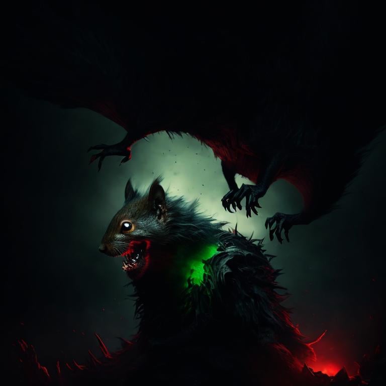 Prompt: dark nightmare beast, smoke body, strange, squirrel red and black ears, white mane in his neck, levitating in the air, scary green eyes, 4K resolution, artstation, highly detailed, artgerm, by wlop, volumetric lighting, octane render, trending on artstation, masterpiece, fantastic, powerful, scary, intimidating, cinematic, dark fantasy, artstation, highly detailed, artgerm, by wlop, volumetric lighting, octane render, trending on artstation, masterpiece, fantastic, powerful, scary, intimidating, terrifying