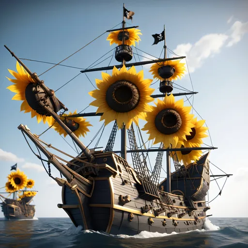 Prompt: sunflower warship, pirate, sunflower war ship, concept sheet, 4K resolution, artstation, highly detailed, artgerm, by wlop, volumetric lighting, octane render, trending on artstation, masterpiece, fantastic, warship, sunflower
