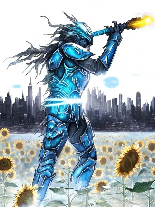 Prompt: Sunflower magic man warrior, blue highlights, electric, blue neon thunder sunflower, silver and blue light, techno, detailed, silver blue armor, magic mist, the warrior is in a silver bridge in a blue city highlights with sunflowers in the river, blue air essence, blue sunflower bazooka, war