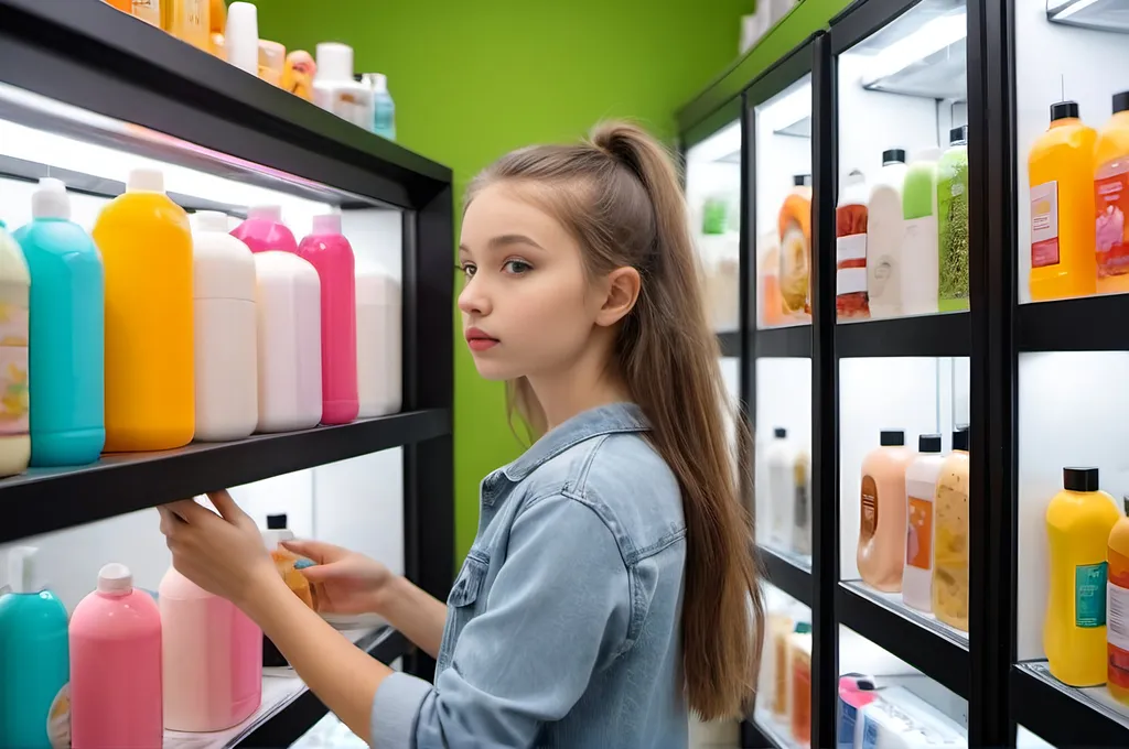 Prompt: girl in the food dispensers store. Instead of food is shampoo and beauty products