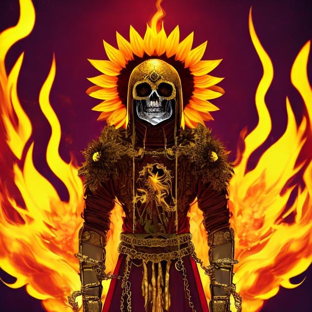 Prompt: Sunflower jailer, golden clothes, red highlights, black lights, pink robe, golden and silver chains, sunflowers with fire aura, concept, silver and golden plague mask, skull belt, detailed, red fire sword