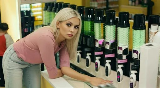 Prompt: woman in the food dispensers store. Instead of food is shampoo and beauty products