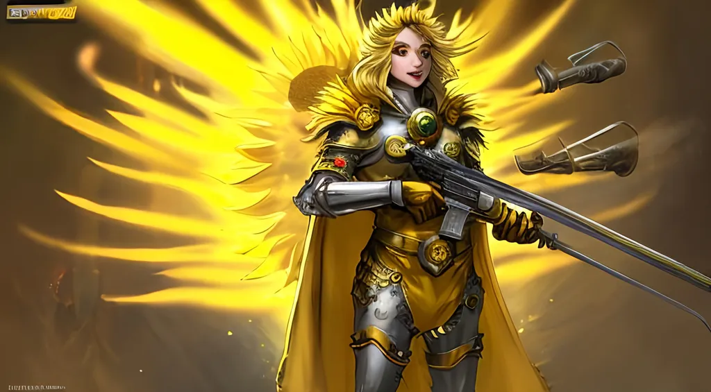 Prompt: Sunflower jailer, golden yellow clothes, yellow highlights, yellow lights, golden yellow robe, golden and silver belt, sunflowers with yellow aura, concept, silver and golden vest, detailed, yellow golden bazooka, blonde hair, machine gun, tank, crossbow, fire, war, smoke