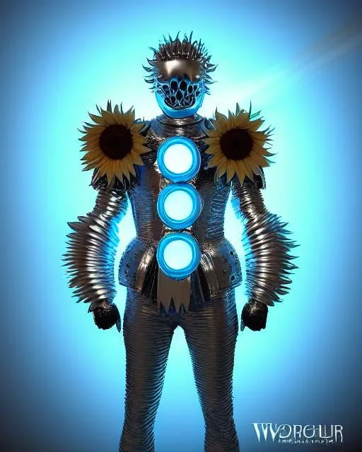 Prompt: Sunflower knight man, silver armor, blue highlights, silver lights, blue robe, light blue and silver chains, sunflowers with blue electric aura, concept, silver and blue plague mask, skull belt, detailed, blue escence sword, 4K resolution, artstation, highly detailed, artgerm, by wlop, volumetric lighting, octane render, trending on artstation, masterpiece, golden sunflower aura