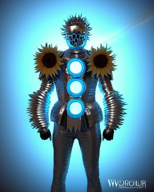 Prompt: Sunflower knight man, silver armor, blue highlights, silver lights, blue robe, light blue and silver chains, sunflowers with blue electric aura, concept, silver and blue plague mask, skull belt, detailed, blue escence sword, 4K resolution, artstation, highly detailed, artgerm, by wlop, volumetric lighting, octane render, trending on artstation, masterpiece, golden sunflower aura