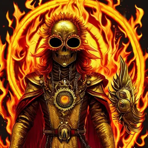 Prompt: Sunflower jailer, golden clothes, red highlights, black lights, pink robe, golden and silver chains, sunflowers with fire aura, concept, silver and golden plague mask, skull belt, detailed, red fire sword