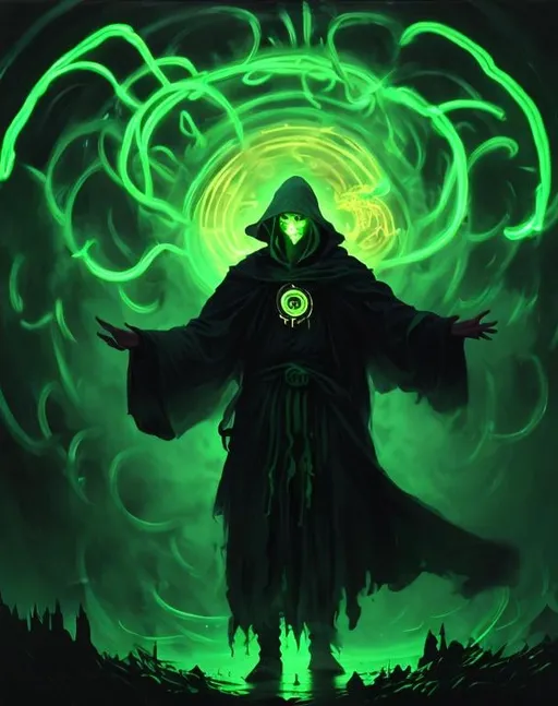 Prompt: A plague sunflower doctor with a dark green wizard robes as a d & d character, green robe, merchant, magical, green neon higlights, hip hop concept aesthetic, green evil aura, concept sheet, painting by gaston bussiere, dramatic lighting, purple lighting, long neon green whip, toxic, poison, doctor, neon dark green atmosphere