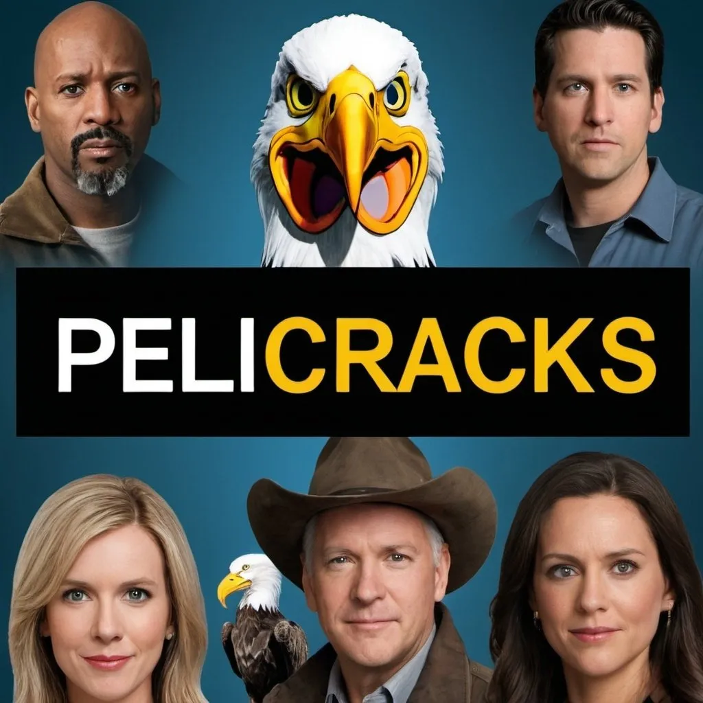 Prompt: make a promotional image of a page called "Pelicracks". The image contains movie characters and TV shows characters. The name "Pelicracks" is in the middle of the image, surrounded by the other movie stuff. "Pelicracks" is correctly spelled. There is a bald eagle with a hat behind the name "Pelicracks".  