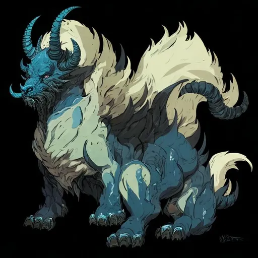 Prompt: dark blue beast with gray mane , blue fury face, little black lines in his abdomen, a bit of ocean style, wildness, fierceness, three blue horns coming out of its head, bushy tail, imposing pose, violent, magical, big, 4K resolution, artstation, highly detailed, artgerm, by wlop, volumetric lighting, octane render, trending on artstation, masterpiece, fantastic, powerful, scary, intimidating, terrifying