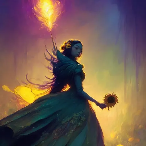 Prompt: Sunflower aristocrat lady with yellow dress as a d & d character, yellow robe, magical, pink, green dark forest higlights, magic concept aesthetic, purple and yellow mistery aura, concept sheet, painting by gaston bussiere, dramatic lighting, yellow lighting, little sunflower in her hand, interesting, yellow aura, legends, elegant, sunflower face, flamethrower in her back throwinf fire up, atmosphere like a forest fire