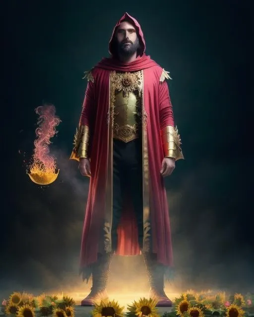 Prompt: A highly detailed matte painting of a sunflower man wizard, artgerm, by wlop, volumetric lighting, octane render, 4 k resolution, trending on artstation, masterpiece, green and red lighting, pink and golden robe, magical, silver dust, golden skulls in the clothes, black mist, red and pink mist, sunflowers in the clothes, dark vibes, red golden chain