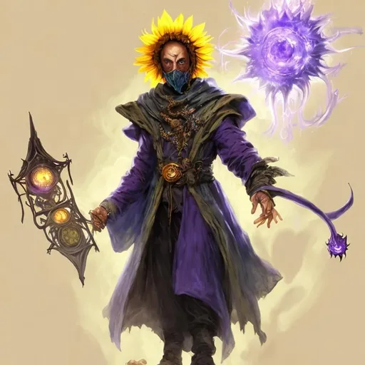 Prompt: A plague sunflower doctor with a blue wizard robes as a d & d character, blue robe, magical, blue higlights, hip hop concept aesthetic, purple evil aura, concept sheet, painting by gaston bussiere, dramatic lighting, purple lighting, evil sunflowers, toxic, poison, doctor, magic sunflower scepter, sunflower face, purple aura, elegant