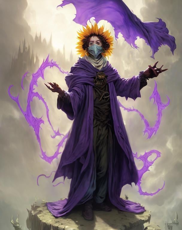 Prompt: A plague sunflower doctor with a blue wizard robes as a d & d character, blue robe, magical, blue higlights, hip hop concept aesthetic, purple evil aura, concept sheet, painting by gaston bussiere, dramatic lighting, purple lighting, evil sunflowers, toxic, poison, doctor, sunflower levitating scepter, sunflower face, purple aura, elegant, neo chemical, techno, elegant, sunflower face, arcane