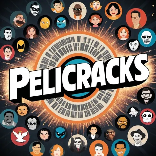 Prompt: A |vibrant and eye-catching promotional image for a page  called "Pelicracks." The central focus is the name "Pelicracks" written in bold, stylized letters, with a mix of movie reels and crackling sparks behind it. Surrounding the name are various pop culture icons, including characters from iconic movies and TV shows. These characters are arranged in a dynamic and energetic layout, each one with a unique and engaging expression. The overall tone of the image is playful and nostalgic, inviting followers to explore the world of Pelicracks and enjoy a mix of classic and modern entertainment. 