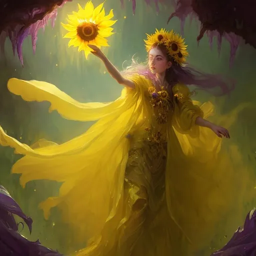 Prompt: Sunflower aristocrat lady with yellow dress as a d & d character, yellow robe, magical, pink, green dark forest higlights, magic concept aesthetic, purple and yellow mistery aura, concept sheet, painting by gaston bussiere, dramatic lighting, yellow lighting, little sunflower in her hand, interesting, yellow aura, legends, elegant, sunflower face, flamethrower in her back throwinf fire up, atmosphere like a forest fire