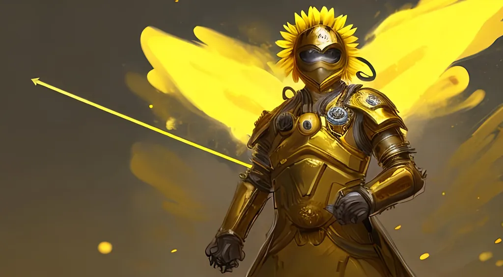 Prompt: Sunflower jailer, golden yellow clothes, yellow highlights, yellow lights, golden yellow robe, golden and silver belt, sunflowers with yellow aura, concept, silver and golden vest, detailed, yellow golden bazooka, blonde hair, machine gun, tank, crossbow, fire, war, smoke