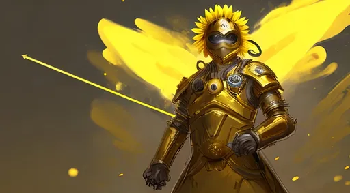 Prompt: Sunflower jailer, golden yellow clothes, yellow highlights, yellow lights, golden yellow robe, golden and silver belt, sunflowers with yellow aura, concept, silver and golden vest, detailed, yellow golden bazooka, blonde hair, machine gun, tank, crossbow, fire, war, smoke