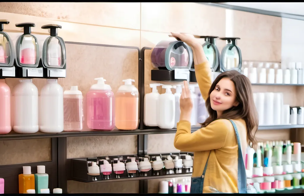 Prompt: girl in the food dispensers store. Instead of food is shampoo and beauty products