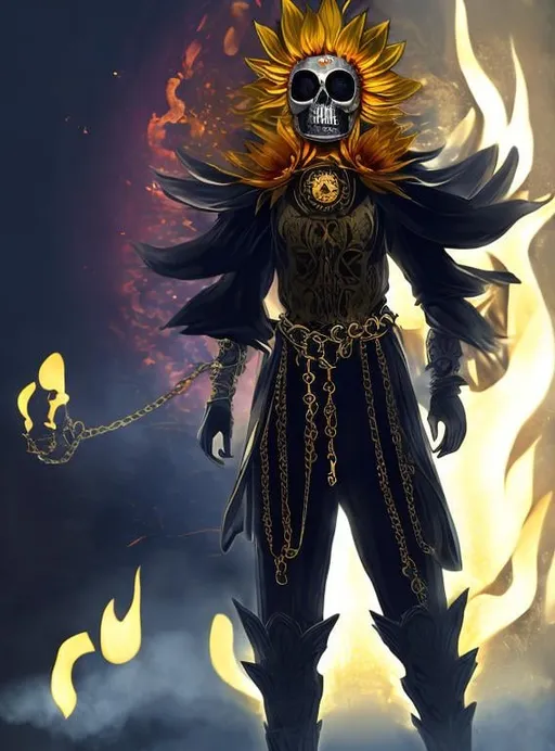 Prompt: Sunflower jailer, golden clothes, red highlights, black lights, pink robe, golden and silver chains, sunflowers with fire aura, concept, silver and golden plague mask, skull belt, detailed