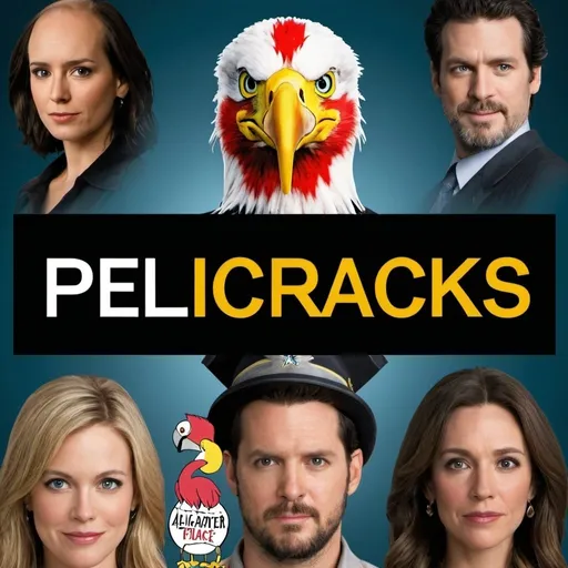 Prompt: make a promotional image of a page called "Pelicracks". The image contains movie characters and TV shows characters. The name "Pelicracks" is in the middle of the image, surrounded by the other movie stuff. "Pelicracks" is correctly spelled. There is a bald eagle with a hat behind the name "Pelicracks".  