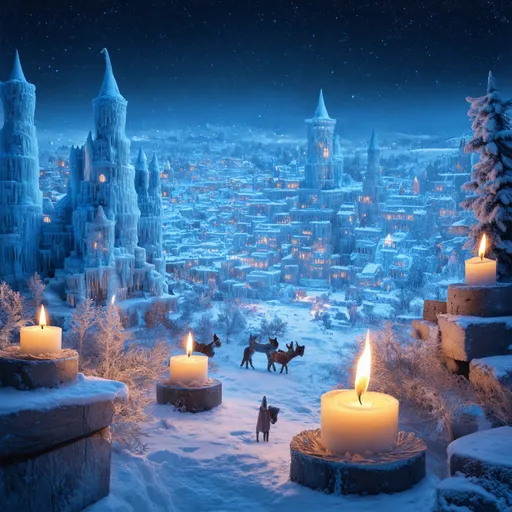 Prompt: A beautiful frozen city and space with ice castles that melt with burning candles.