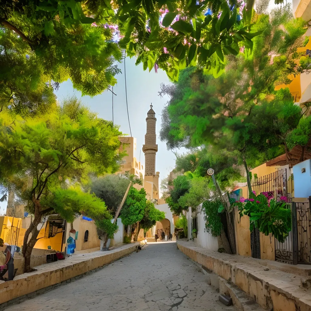 Prompt: A beautiful city in Palestine. buildings surrounded by lush plants, muslim women and men walk down the streets, happy, peaceful, urrban planning, middle east, oasis, future