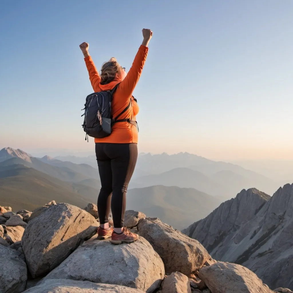 Prompt: a slightly overweight woman in travel equipment standing on the top of a rocky mountain with arms up in a victory with the sun rising with a cloudless sky in the background