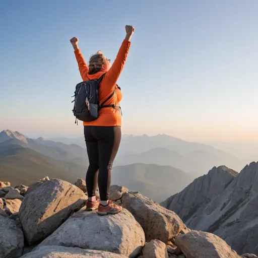 Prompt: a slightly overweight woman in travel equipment standing on the top of a rocky mountain with arms up in a victory with the sun rising with a cloudless sky in the background