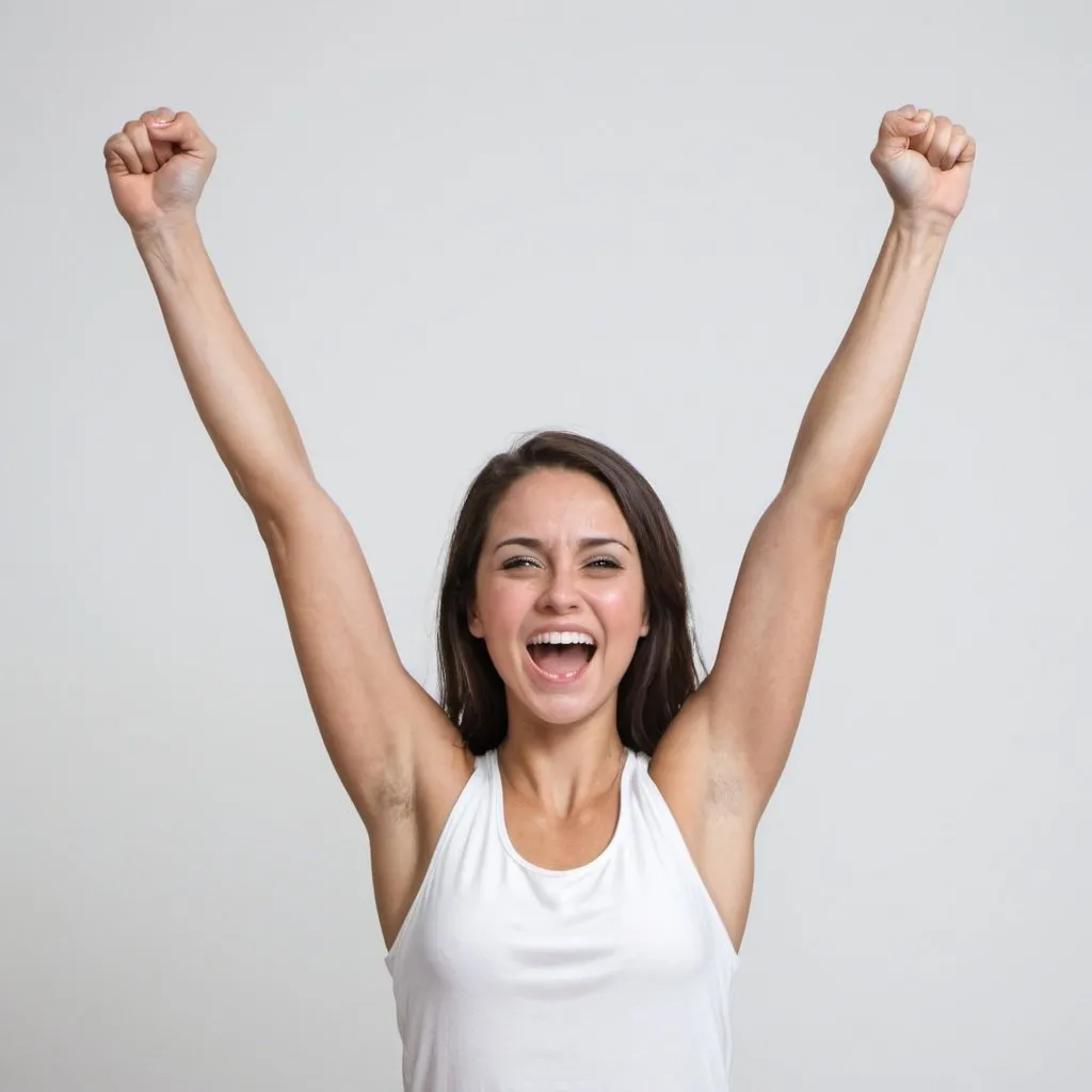 Prompt: a female with arms up in a victory on a white background