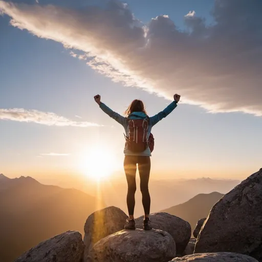 Prompt: a woman in travel equipment standing on the top of a rocky mountain with arms up in a victory with the sun rising in the background