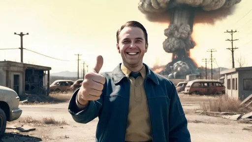 Prompt: A fallout scene on the background, with some nuclear explosion with a man smiling in the front of picture with thumbs up. 35mm style