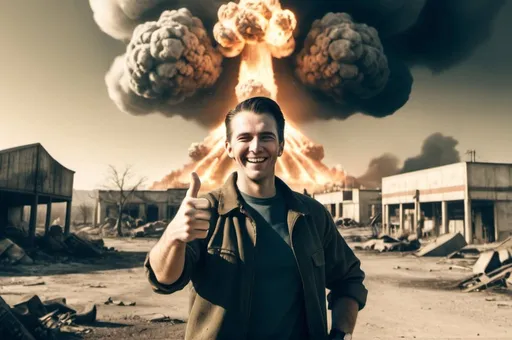 Prompt: A fallout scene on the background, with some nuclear explosion with a man smiling in the front of picture with thumbs up. 35mm style