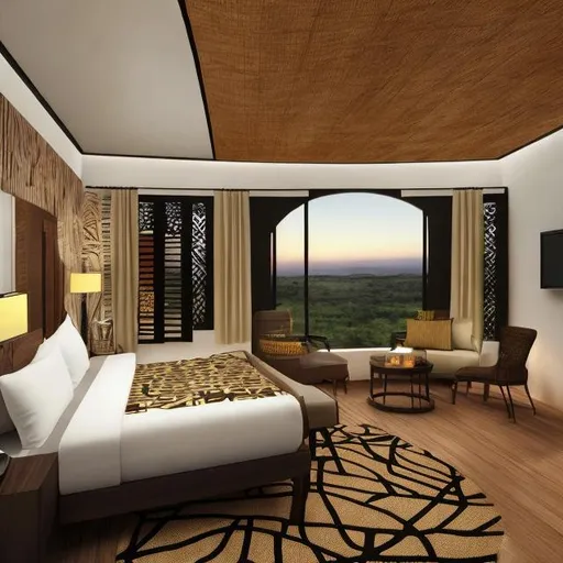 Prompt: Make a modern hotel design with an African touch, to be placed in Matopo Hills