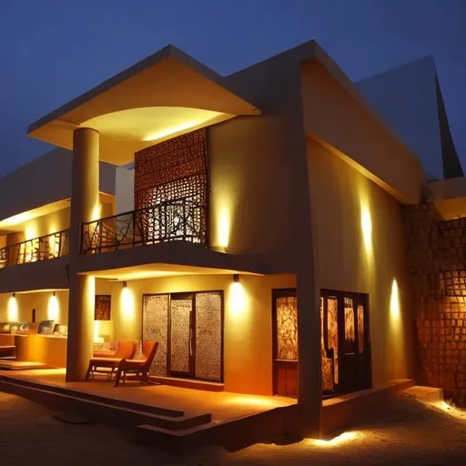 Prompt: Make a modern hotel design with an African touch, to be placed in Matopo Hills