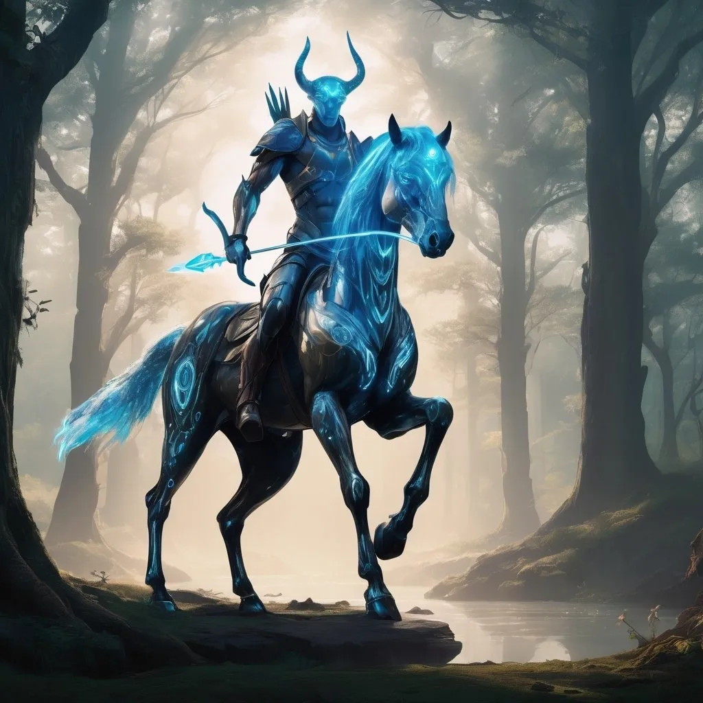 Prompt: Imagine a scene within the mystical digital forests of Arcadia, where the boundary between the ancient world and a cybernetic future dissolves. In the heart of this forest stands a majestic Cyber Centaur, a synthesis of human intelligence and equine grace, augmented with cutting-edge technology. The centaur's upper body is that of a seasoned warrior, muscular and noble, with skin that transitions into sleek, bio-organic armor etched with glowing blue circuits. His face is wise and resolute, crowned with a mane of white hair that flows like streams of light, eyes deep and radiant with a matrix of data. The lower body is a masterpiece of biomechanical engineering, with powerful, articulated limbs of polished chrome and carbon fiber, joints aglow with the pulsating energy of micro-reactors, and hooves that crackle with digital embers. This centaur archer, poised and composed, draws a bow of pure energy, ready to unleash arrows of light that carry the wisdom of the old world and the promise of the new. Behind him, the forest is alive with bioluminescent foliage and holographic wildlife, a landscape where reality is augmented and everything is interconnected in a web of shimmering code.