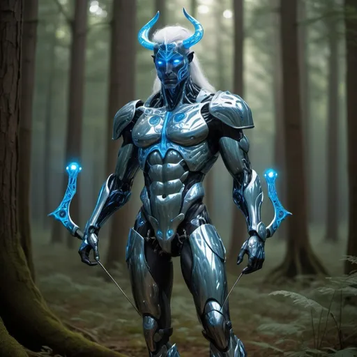 Prompt:  In the heart of this forest stands a majestic Cyber Centaur, a synthesis of human intelligence and equine grace  The centaur's upper body is that of a  warrior, muscular and noble, with skin that transitions into sleek, bio-organic armor etched with glowing blue circuits. His face is  resolute, crowned with  white hair that flows like streams of light, eyes radiant with a matrix of data. The lower body is  of biomechanical engineering, with powerful, articulated limbs of polished chrome and carbon fiber, joints aglow with the pulsating energy of micro-reactors, and hooves that crackle with digital embers. This centaur archer, poised and composed, draws a bow of pure energy, Behind him, the forest is alive with bioluminescent foliage and holographic wildlife, a landscape where reality is augmented and everything is interconnected in a web of shimmering code.