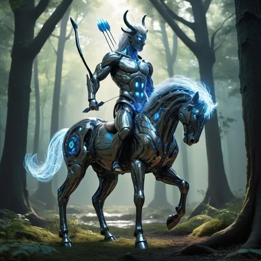 Prompt: Imagine a scene within the mystical digital forests of Arcadia, where the boundary between the ancient world and a cybernetic future dissolves. In the heart of this forest stands a majestic Cyber Centaur, a synthesis of human intelligence and equine grace, augmented with cutting-edge technology. The centaur's upper body is that of a seasoned warrior, muscular and noble, with skin that transitions into sleek, bio-organic armor etched with glowing blue circuits. His face is wise and resolute, crowned with a mane of white hair that flows like streams of light, eyes deep and radiant with a matrix of data. The lower body is a masterpiece of biomechanical engineering, with powerful, articulated limbs of polished chrome and carbon fiber, joints aglow with the pulsating energy of micro-reactors, and hooves that crackle with digital embers. This centaur archer, poised and composed, draws a bow of pure energy, ready to unleash arrows of light that carry the wisdom of the old world and the promise of the new. Behind him, the forest is alive with bioluminescent foliage and holographic wildlife, a landscape where reality is augmented and everything is interconnected in a web of shimmering code.