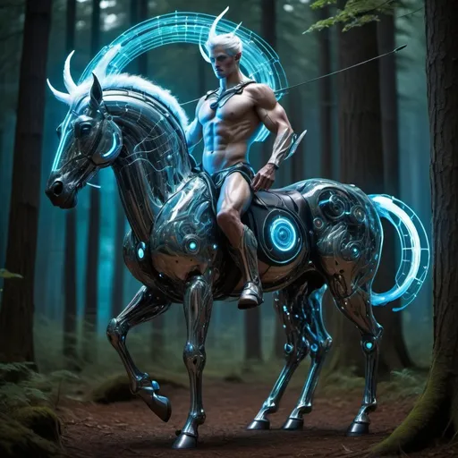 Prompt:  In the heart of this forest stands a majestic Cyber Centaur, a synthesis of human intelligence and equine grace  The centaur's upper body is that of a  warrior, muscular and noble, with skin that transitions into sleek, bio-organic armor etched with glowing blue circuits. His face is  resolute, crowned with  white hair that flows like streams of light, eyes radiant with a matrix of data. The lower body is  of biomechanical engineering, with powerful, articulated limbs of polished chrome and carbon fiber, joints aglow with the pulsating energy of micro-reactors, and hooves that crackle with digital embers. This centaur archer, poised and composed, draws a bow of pure energy, Behind him, the forest is alive with bioluminescent foliage and holographic wildlife, a landscape where reality is augmented and everything is interconnected in a web of shimmering code.